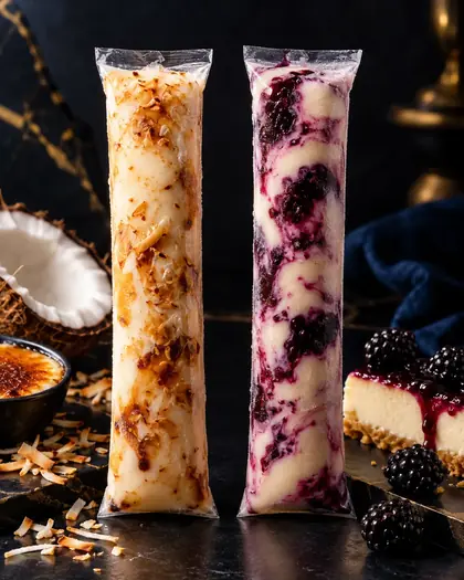 Dois geladinhos gourmet: coco brûlée e cheesecake de amora